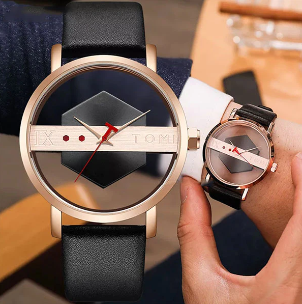 TOMI Men's Top Brand Luxury Watch Creative Half Transparent Watch Genuine Leather Strap